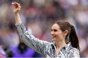 20 April 2024; Singer Sophie Ellis-Bextor waves the fans after the halftime show during the Women's Six Nations Rugby Championship match between England and Ireland at Twickenham Stadium in London, England. Photo by Juan Gasparini/Sportsfile