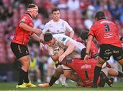 20 April 2024; Diarmuid Mangan of Leinster is tackled by Morgan Naude of Emirates Lions during the United Rugby Championship match between Emirates Lions and Leinster at Emirates Airline Park in Johannesburg, South Africa. Photo by Harry Murphy/Sportsfile