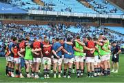 20 April 2024; Munster players huddle before the United Rugby Championship match between Vodacom Bulls and Munster at Loftus Versfeld Stadium in Pretoria, South Africa. Photo by Shaun Roy/Sportsfile