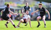 20 April 2024; Shane Walsh of Galway loses his footing under pressure from Sean Carrabine, 8, and Evan Lyons of Sligo during the Connacht GAA Football Senior Championship semi-final match between Sligo and Galway at Markievicz Park in Sligo. Photo by Piaras Ó Mídheach/Sportsfile