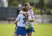 20 April 2024; Cavan players Éabha Slowey, right, and Aela O'Sullivan embrace after their side's defeat in the Electric Ireland All-Ireland Camogie Minor B Championship semi-final 1 match between Cavan and Mayo at Duggan Park in Ballinasloe, Galway. Photo by Sam Barnes/Sportsfile