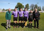20 April 2024; Chairperson of the youth and amateur football committee Dave Moran, left, with match officials assistant referee Tom Jennings, Referee Eric Eaton, assistant referee Oisin Walsh, Fourth official Anne Sweeney and FAI President Paul Cooke after the FAI Youth Cup final match between St Kevin’s FC, DDSL, and Pike Rovers, Limerick District League at Home Farm FC in Dublin. Photo by Michael P Ryan/Sportsfile