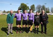 20 April 2024; Chairperson of the youth and amateur football committee Dave Moran, left, with match officials assistant referee Tom Jennings, Referee Eric Eaton, assistant referee Oisin Walsh, Fourth official Anne Sweeney and FAI President Paul Cooke after the FAI Youth Cup final match between St Kevin’s FC, DDSL, and Pike Rovers, Limerick District League at Home Farm FC in Dublin. Photo by Michael P Ryan/Sportsfile *** NO REPRODUCTION FEE ***