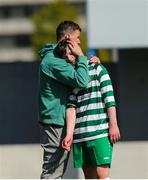 20 April 2024; Dara McNamara of Pike Rovers is consoled after the FAI Youth Cup final match between St Kevin’s FC, DDSL, and Pike Rovers, Limerick District League at Home Farm FC in Dublin. Photo by Michael P Ryan/Sportsfile *** NO REPRODUCTION FEE ***