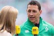 20 April 2024; Ireland head coach Scott Bemand is interviewed after the Women's Six Nations Rugby Championship match between England and Ireland at Twickenham Stadium in London, England. Photo by Juan Gasparini/Sportsfile