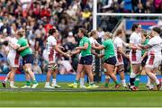20 April 2024; Ireland and England players shake hands after the Women's Six Nations Rugby Championship match between England and Ireland at Twickenham Stadium in London, England. Photo by Juan Gasparini/Sportsfile