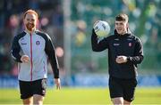 20 April 2024; Derry players Padraig McGrogan, right, and Conor Glass before the Ulster GAA Football Senior Championship quarter-final match between Derry and Donegal at Celtic Park in Derry. Photo by Seb Daly/Sportsfile