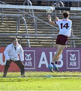 20 April 2024; Robert Finnerty of Galway palms the ball to the net for his side's first goal during the Connacht GAA Football Senior Championship semi-final match between Sligo and Galway at Markievicz Park in Sligo. Photo by Piaras Ó Mídheach/Sportsfile