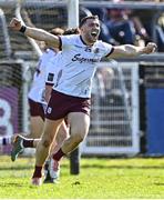20 April 2024; Damien Comer of Galway celebrates after team-mate Robert Finnerty, not pictured, scored their side's first goal during the Connacht GAA Football Senior Championship semi-final match between Sligo and Galway at Markievicz Park in Sligo. Photo by Piaras Ó Mídheach/Sportsfile