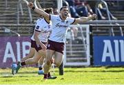 20 April 2024; Damien Comer of Galway celebrates after team-mate Robert Finnerty, not pictured, scored their side's first goal during the Connacht GAA Football Senior Championship semi-final match between Sligo and Galway at Markievicz Park in Sligo. Photo by Piaras Ó Mídheach/Sportsfile