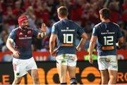 20 April 2024; John Hodnett of Munster is congratulated by Jack Crowley and Alex Nankivell after scoring a try during the United Rugby Championship match between Vodacom Bulls and Munster at Loftus Versfeld Stadium in Pretoria, South Africa. Photo by Shaun Roy/Sportsfile