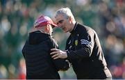 20 April 2024; Donegal manager Jim McGuinness, right, and Derry manager Mickey Harte shake hands before the Ulster GAA Football Senior Championship quarter-final match between Derry and Donegal at Celtic Park in Derry. Photo by Seb Daly/Sportsfile