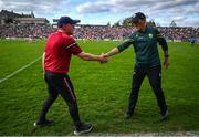 20 April 2024; Cork manager John Cleary, left, and Kerry manager Jack O'Connor shake hands after the Munster GAA Football Senior Championship semi-final match between Kerry and Cork at Fitzgerald Stadium in Killarney, Kerry. Photo by Brendan Moran/Sportsfile