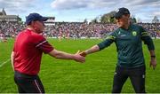 20 April 2024; Cork manager John Cleary, left, and Kerry manager Jack O'Connor shake hands after the Munster GAA Football Senior Championship semi-final match between Kerry and Cork at Fitzgerald Stadium in Killarney, Kerry. Photo by Brendan Moran/Sportsfile