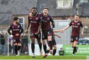 19 April 2024; James Akintunde of Bohemians, left, celebrates with teammate Paddy Kirk after scoring his side's first goal during the SSE Airtricity Men's Premier Division match between Bohemians and Drogheda United at Dalymount Park in Dublin. Photo by Shauna Clinton/Sportsfile