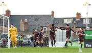 19 April 2024; James Akintunde of Bohemians, third from right, celebrates with teammate Paddy Kirk after scoring his side's first goal during the SSE Airtricity Men's Premier Division match between Bohemians and Drogheda United at Dalymount Park in Dublin. Photo by Shauna Clinton/Sportsfile