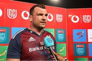 20 April 2024; Munster captain Tadhg Beirne is interviewed after the United Rugby Championship match between Vodacom Bulls and Munster at Loftus Versfeld Stadium in Pretoria, South Africa. Photo by Shaun Roy/Sportsfile