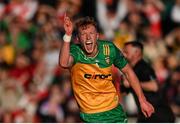 20 April 2024; Oisin Gallen of Donegal celebrates after scoring his side's third goal from a penalty during the Ulster GAA Football Senior Championship quarter-final match between Derry and Donegal at Celtic Park in Derry. Photo by Seb Daly/Sportsfile