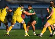 20 April 2024; Bundee Aki of Connacht in action against Andrea Zambonin of Zebre during the United Rugby Championship match between Connacht and Zebre Parma at Dexcom Stadium in Galway. Photo by Sam Barnes/Sportsfile