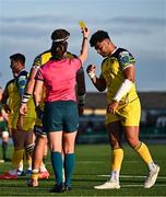 20 April 2024; Fetuli Paea of Zebre, right, is shown a yellow card by referee Aimee Barrett-Theron during the United Rugby Championship match between Connacht and Zebre Parma at Dexcom Stadium in Galway. Photo by Sam Barnes/Sportsfile