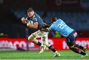 20 April 2024; Jack O’Donoghue of Munster attempts to get past Mpilo Gumede of Vodacom Bulls during the United Rugby Championship match between Vodacom Bulls and Munster at Loftus Versfeld Stadium in Pretoria, South Africa. Photo by Shaun Roy/Sportsfile