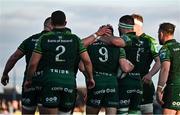 20 April 2024; Matthew Devine of Connacht, 9, celebrates with team-mates after scoring his side's first try during the United Rugby Championship match between Connacht and Zebre Parma at Dexcom Stadium in Galway. Photo by Sam Barnes/Sportsfile