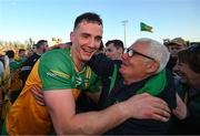 20 April 2024; Jason McGee of Donegal celebrates with supporters after the Ulster GAA Football Senior Championship quarter-final match between Derry and Donegal at Celtic Park in Derry. Photo by Stephen McCarthy/Sportsfile