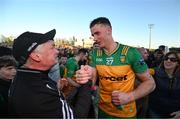 20 April 2024; Jason McGee of Donegal celebrates with supporters after the Ulster GAA Football Senior Championship quarter-final match between Derry and Donegal at Celtic Park in Derry. Photo by Stephen McCarthy/Sportsfile