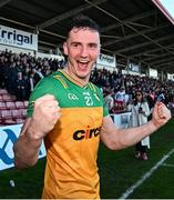 20 April 2024; Jason McGee of Donegal celebrates after his side's victory in the Ulster GAA Football Senior Championship quarter-final match between Derry and Donegal at Celtic Park in Derry. Photo by Seb Daly/Sportsfile