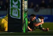 20 April 2024; Matthew Devine of Connacht scores his and his side's second try despite the efforts of Lorenzo Pani, 15, and Gonzalo Garcia of Zebre during the United Rugby Championship match between Connacht and Zebre Parma at Dexcom Stadium in Galway. Photo by Sam Barnes/Sportsfile