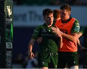 20 April 2024; Matthew Devine of Connacht, left, celebrates with team-mates after scoring his and his side's second try during the United Rugby Championship match between Connacht and Zebre Parma at Dexcom Stadium in Galway. Photo by Sam Barnes/Sportsfile