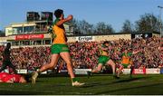 20 April 2024; Jamie Brennan of Donegal, centre, celebrates after scoring his side's fourth goal during the Ulster GAA Football Senior Championship quarter-final match between Derry and Donegal at Celtic Park in Derry. Photo by Seb Daly/Sportsfile