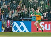 20 April 2024; Jamie Brennan of Donegal celebrates after scoring his side's fourth goal during the Ulster GAA Football Senior Championship quarter-final match between Derry and Donegal at Celtic Park in Derry. Photo by Stephen McCarthy/Sportsfile