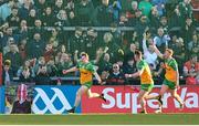 20 April 2024; Jamie Brennan of Donegal celebrates after scoring his side's fourth goal during the Ulster GAA Football Senior Championship quarter-final match between Derry and Donegal at Celtic Park in Derry. Photo by Stephen McCarthy/Sportsfile