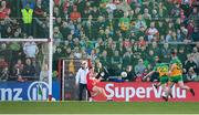 20 April 2024; Jamie Brennan of Donegal shoots to score his side's fourth goal during the Ulster GAA Football Senior Championship quarter-final match between Derry and Donegal at Celtic Park in Derry. Photo by Stephen McCarthy/Sportsfile