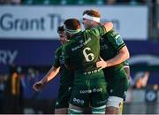 20 April 2024; Niall Murray of Connacht, right, celebrates with team-mates Shamus Hurley-Langton, 6, and Matthew Devine after scoring their side's third try during the United Rugby Championship match between Connacht and Zebre Parma at Dexcom Stadium in Galway. Photo by Sam Barnes/Sportsfile
