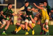 20 April 2024; Conor Oliver of Connacht is tackled by Scott Gregory, left, and Geronimo Prisciantelli of Zebre during the United Rugby Championship match between Connacht and Zebre Parma at Dexcom Stadium in Galway. Photo by Sam Barnes/Sportsfile