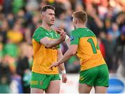 20 April 2024; Patrick McBrearty, left, and Oisin Gallen of Donegal celebrate after the Ulster GAA Football Senior Championship quarter-final match between Derry and Donegal at Celtic Park in Derry. Photo by Stephen McCarthy/Sportsfile