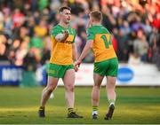20 April 2024; Patrick McBrearty, left, and Oisin Gallen of Donegal celebrate after the Ulster GAA Football Senior Championship quarter-final match between Derry and Donegal at Celtic Park in Derry. Photo by Stephen McCarthy/Sportsfile