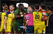 20 April 2024; Tempers flare as Sam Illo of Connacht and Jacopo Bianchi of Zebre tussle at the final whistle after the United Rugby Championship match between Connacht and Zebre Parma at Dexcom Stadium in Galway. Photo by Sam Barnes/Sportsfile