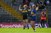 20 April 2024; Louise Ní Mhuircheartaigh of Kerry celebrates after scoring her side's first goal despite the efforts of Emma Cronin of Tipperary during the Munster LGFA Senior Championship round 1 between Kerry and Tipperary at Fitzgerald Stadium in Killarney, Kerry. Photo by Brendan Moran/Sportsfile