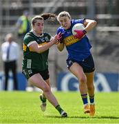 20 April 2024; Emma Morrissey of Tipperary in action against Danielle O'Leary of Kerry during the Munster LGFA Senior Championship round 1 between Kerry and Tipperary at Fitzgerald Stadium in Killarney, Kerry. Photo by Brendan Moran/Sportsfile