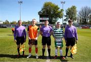 20 April 2024; Referee Eric Eaton, centre, with his assistants Tom Jennings, left, Oisin Walsh, and team captains Logan O'Connell of St Kevin’s FC and Keelan Corbett of Pike Rovers before the FAI Youth Cup final match between St Kevin’s FC, DDSL, and Pike Rovers, Limerick District League at Home Farm FC in Dublin. Photo by Michael P Ryan/Sportsfile