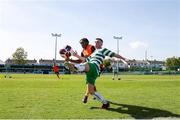 20 April 2024; Keelan Corbett of Pike Rovers in action against Thalaga Segoapa of St Kevin’s FC during the FAI Youth Cup final match between St Kevin’s FC, DDSL, and Pike Rovers, Limerick District League at Home Farm FC in Dublin. Photo by Michael P Ryan/Sportsfile
