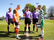 20 April 2024; Referee Eric Eaton performs the coin toss before the FAI Youth Cup final match between St Kevin’s FC, DDSL, and Pike Rovers, Limerick District League at Home Farm FC in Dublin. Photo by Michael P Ryan/Sportsfile