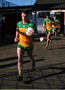 20 April 2024; Donegal captain Patrick McBrearty leads his side out before the Ulster GAA Football Senior Championship quarter-final match between Derry and Donegal at Celtic Park in Derry. Photo by Seb Daly/Sportsfile