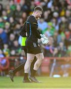 20 April 2024; Donegal goalkeeper Shaun Patton leaves the pitch to receive medical attention during the Ulster GAA Football Senior Championship quarter-final match between Derry and Donegal at Celtic Park in Derry. Photo by Stephen McCarthy/Sportsfile