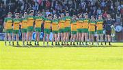 20 April 2024; Donegal players stand for the playing of the National Anthem before the Ulster GAA Football Senior Championship quarter-final match between Derry and Donegal at Celtic Park in Derry. Photo by Stephen McCarthy/Sportsfile