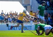 21 April 2024; Aidan McCarthy of Clare celebrates after scoring his side's first goal during the Munster GAA Hurling Senior Championship Round 1 match between Clare and Limerick at Cusack Park in Ennis, Clare. Photo by John Sheridan/Sportsfile
