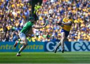 21 April 2024; David Fitzgerald of Clare in action against Will O Donoghue of Limerick during the Munster GAA Hurling Senior Championship Round 1 match between Clare and Limerick at Cusack Park in Ennis, Clare. Photo by John Sheridan/Sportsfile